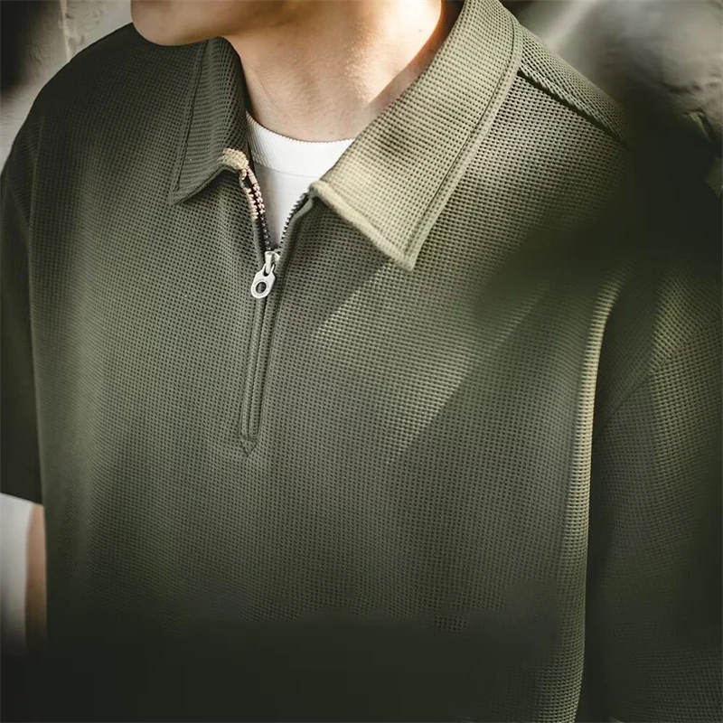 Summer Vintage Waffle Short Sleeve Polo Shirts Men's 2025 New Half