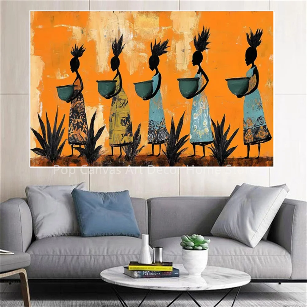 

Hand-Painted African Women with Baskets Oil Painting Colorful Abstract Canvas Wall Art Ethnic Home Decor