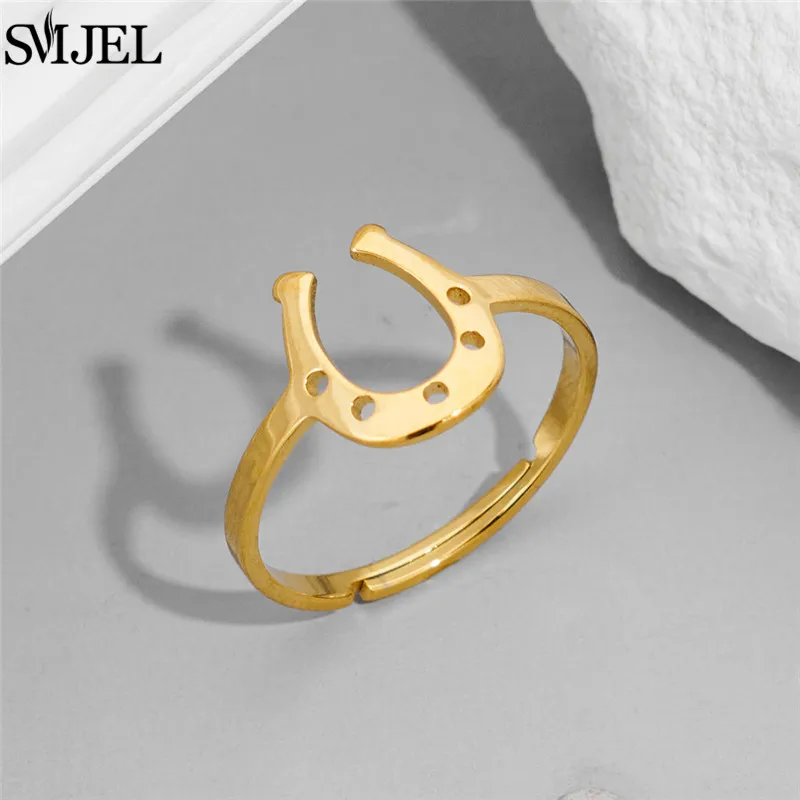 Simple U Shaped Stainless Steel Rings for Women Punk Horseshoe Geometric Finger Ring Fashion Jewelry Lucky Birthday Gifts