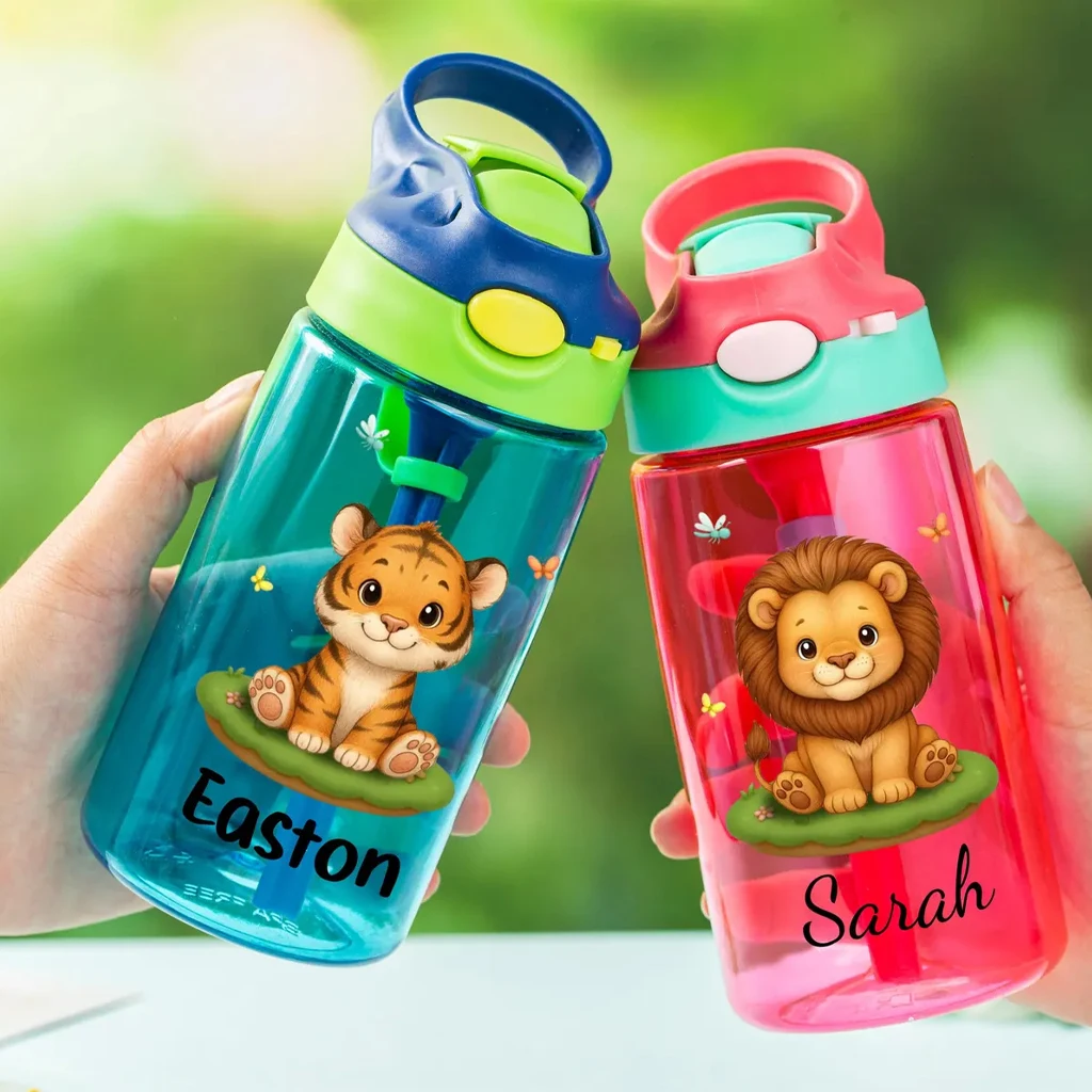 Personalized Cartoon Lion Tiger Kids Water Bottle Custom Name BPA Free Portable Leakproof Sippy Cup Children Party.