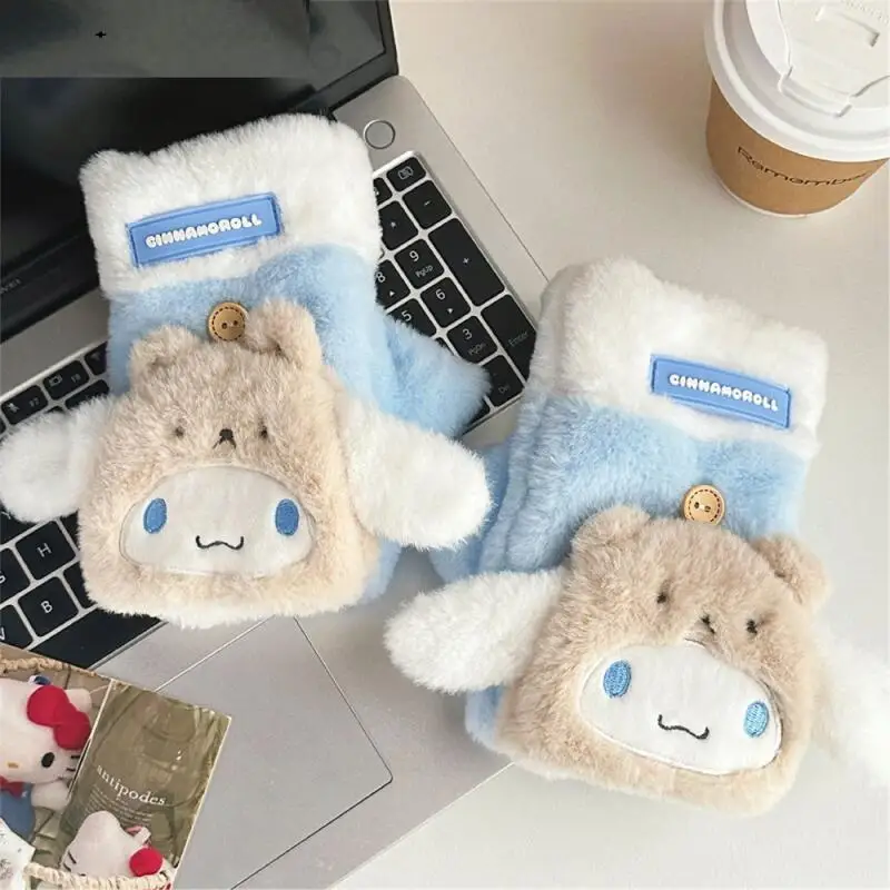 

Sanrio My Melody женские перчатки для рук Y2K Kawaii зимние теплые перчатки с героями мультфильмов, уличные морозостойкие варежки с сенсорным экраном и полупальцами ﻿