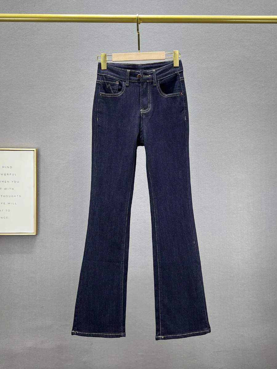 

Женские джинсы-клеш с высокой талией, модные, новинка ранней осени, из хлопка, эластичные, утягивающие, длинные, глубокого цвета