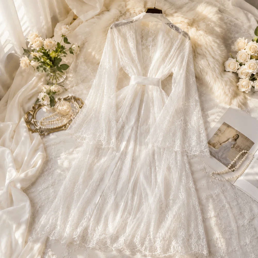 Long Sleeve Long Lace Robes Hollow Out Nightdress Sheer Robes Dress Ultra-thin Transparent Bridal Robe Wedding Anniversary