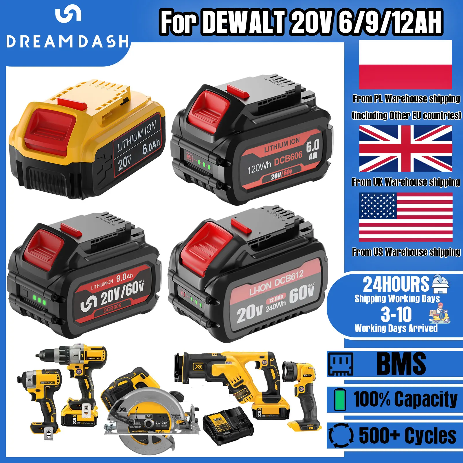 

Dreamdash 20V 6Ah/9Ah/12Ah Li-ion Battery For DeWalt DCB200 Series Compatible DCB606/DCB609/DCB204/DCB206 Fast Charging