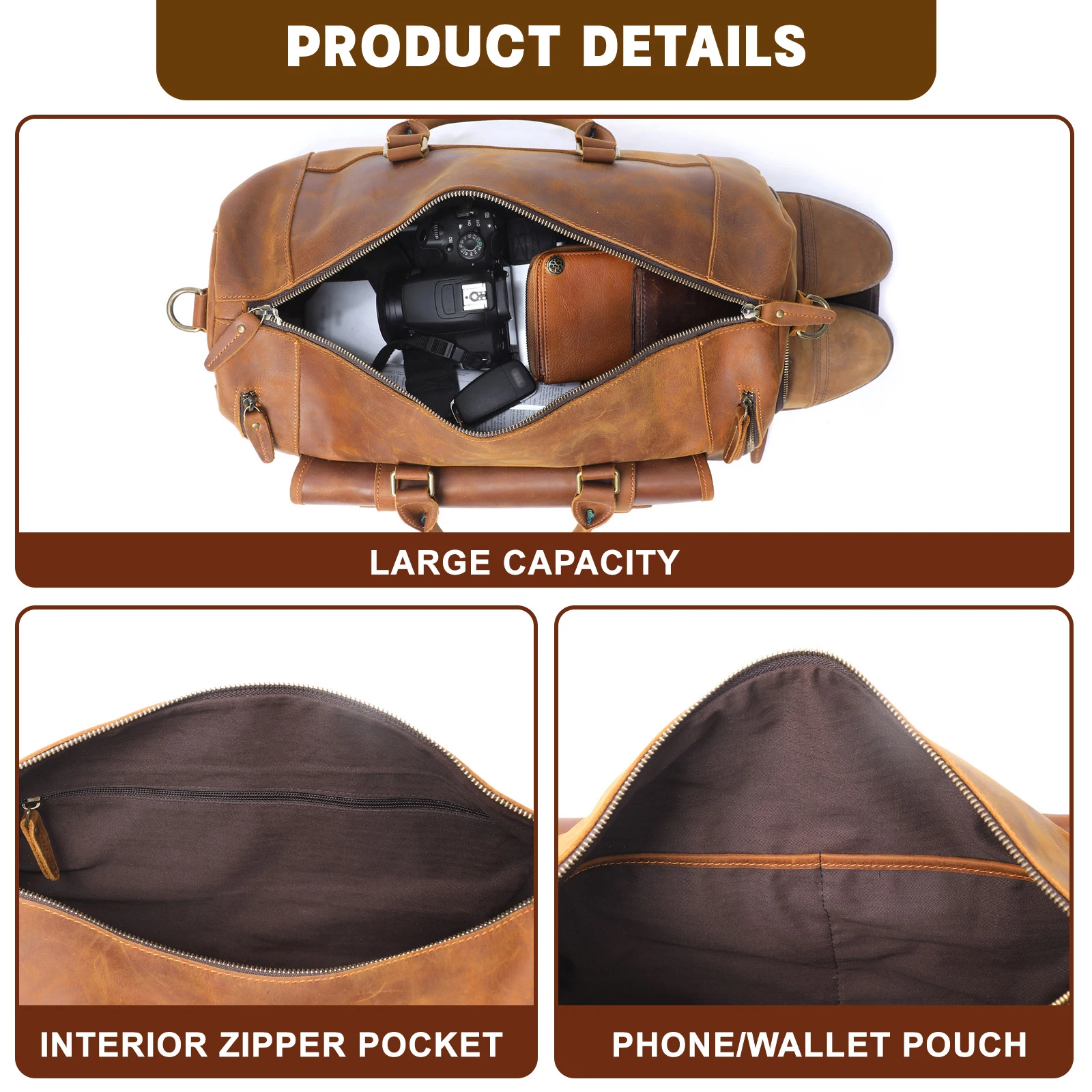 S.WORKER Luxuriöse Reisetasche aus Vollnarbigem Rindsleder im Vintage-Stil, Große Handgepäcktasche – Detail 29
