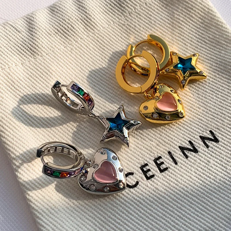 Vintage Heart Star Zircon Drop Dangle Hoop Earrings for Women Asymmetric Exquisite Rhinestone Drop Earring  Jewelry Girls Gifts