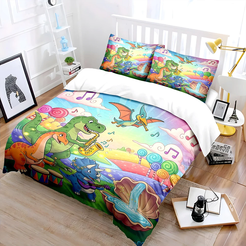 Dinosaur band playing in candy world Print Bedding Set 1 Duvet Cover 2 Pillowcases for Adult and Children Luxury Gift Full Size