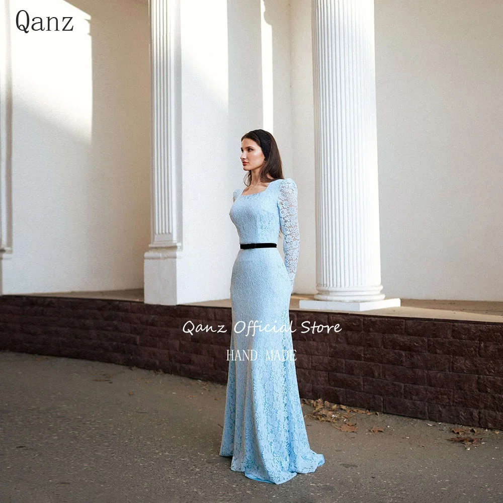 

Qanz Небесно-голубое кружевное вечернее платье с аппликацией, женское платье с длинными рукавами и квадратным вырезом, элегантное вечернее платье для гостей на свадьбу по индивидуальному заказу