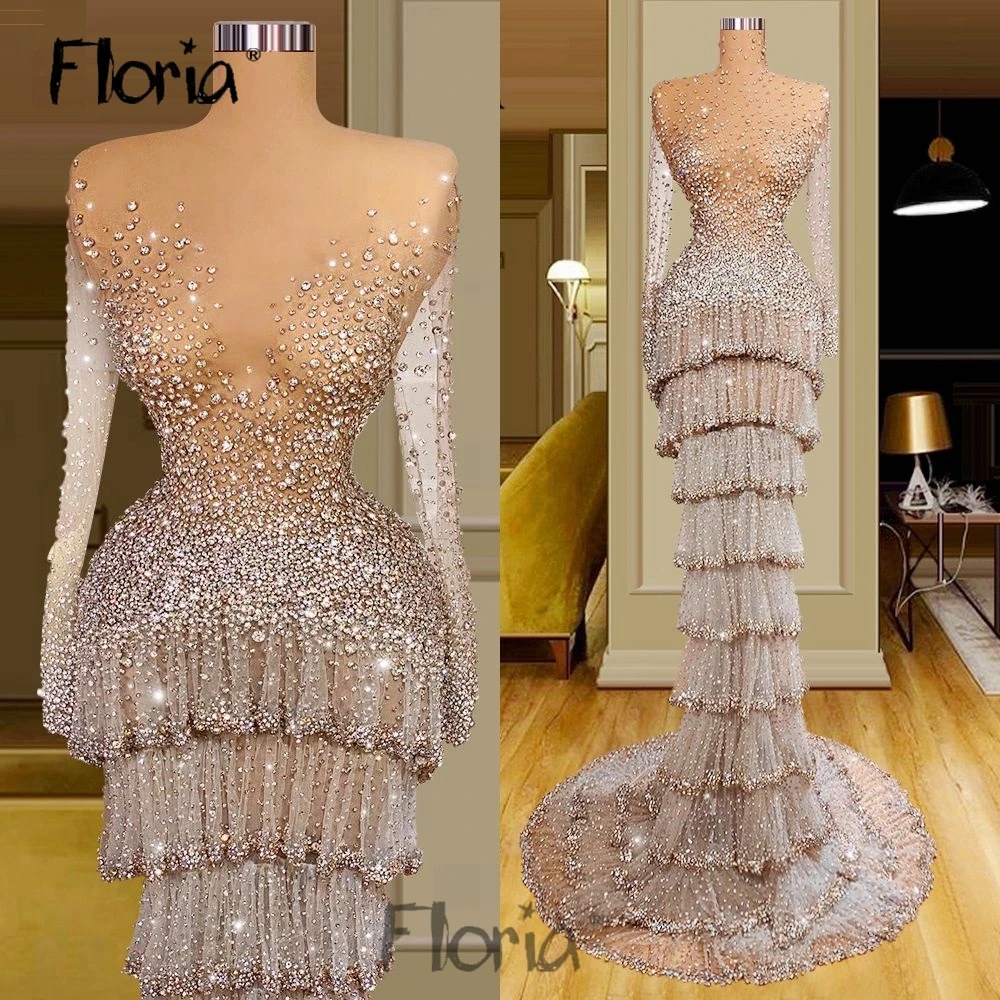 

Beautiful Pearls Tulle Tiered Evening Dress Sexy Illusion See Through Pageant Event Evening Gowns Customized for Party