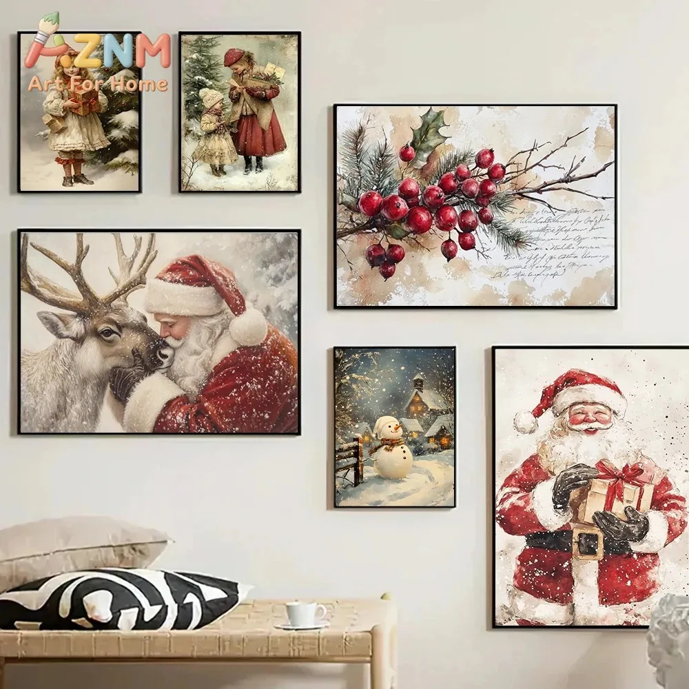 AZNM Vintage Santa Reindeer Snowman Winter Berry Branch Canvas Wall Art, Retro Christmas Frameless Canvas Print Poster for Farmh