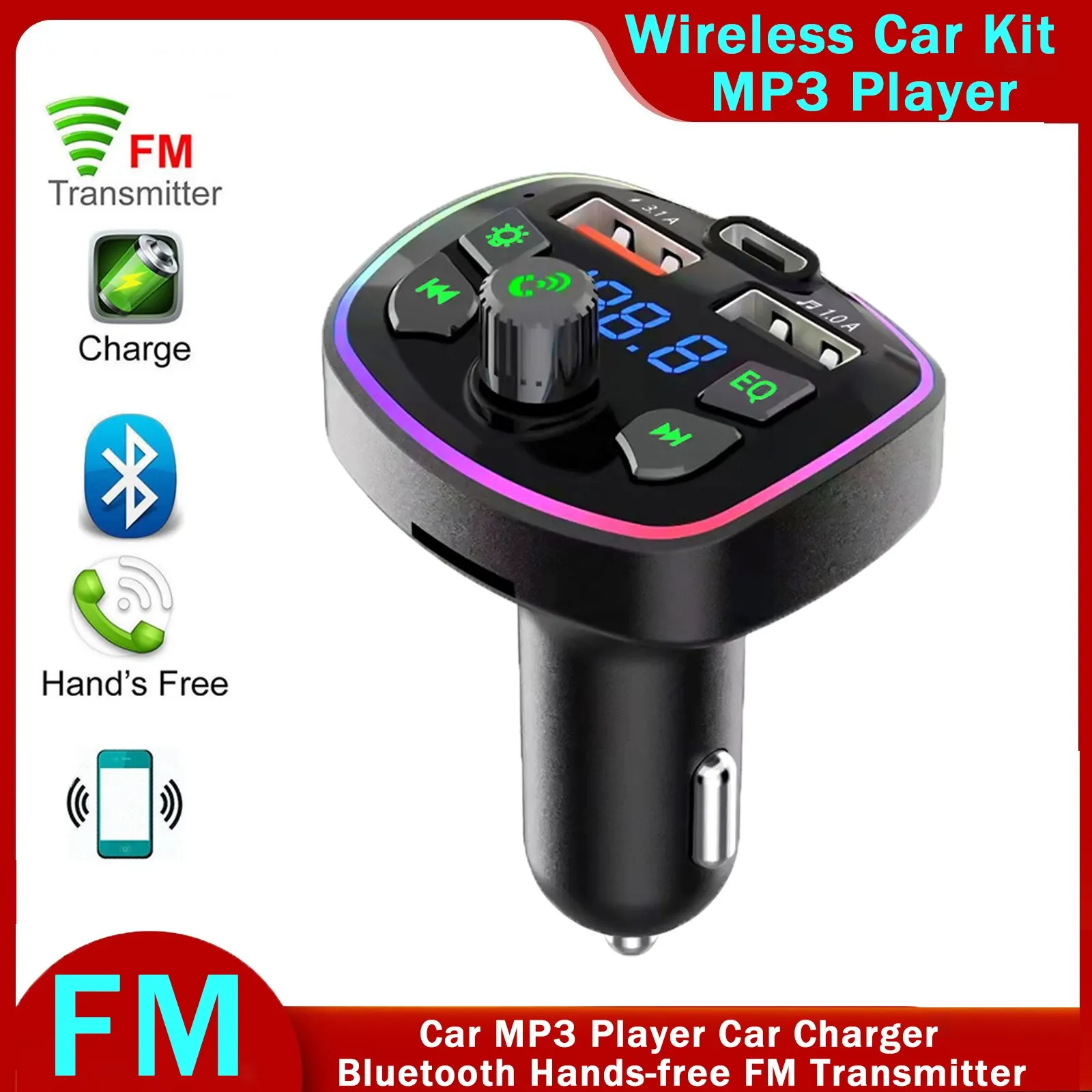 Car MP3 Player Bluetooth Charger Hands-free FM Transmitter Multi-function Plug-in Card Voice Broadcast PD Fast Charging U Disk