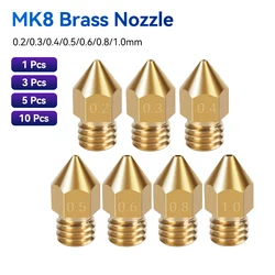 MK8 Nozzle 0.2 0.3 0.4 0.5 0.6 0.8 1.0mm Copper Nozzle Extruder Threaded 1.75mm Filament Brass Nozzle 3D Printer