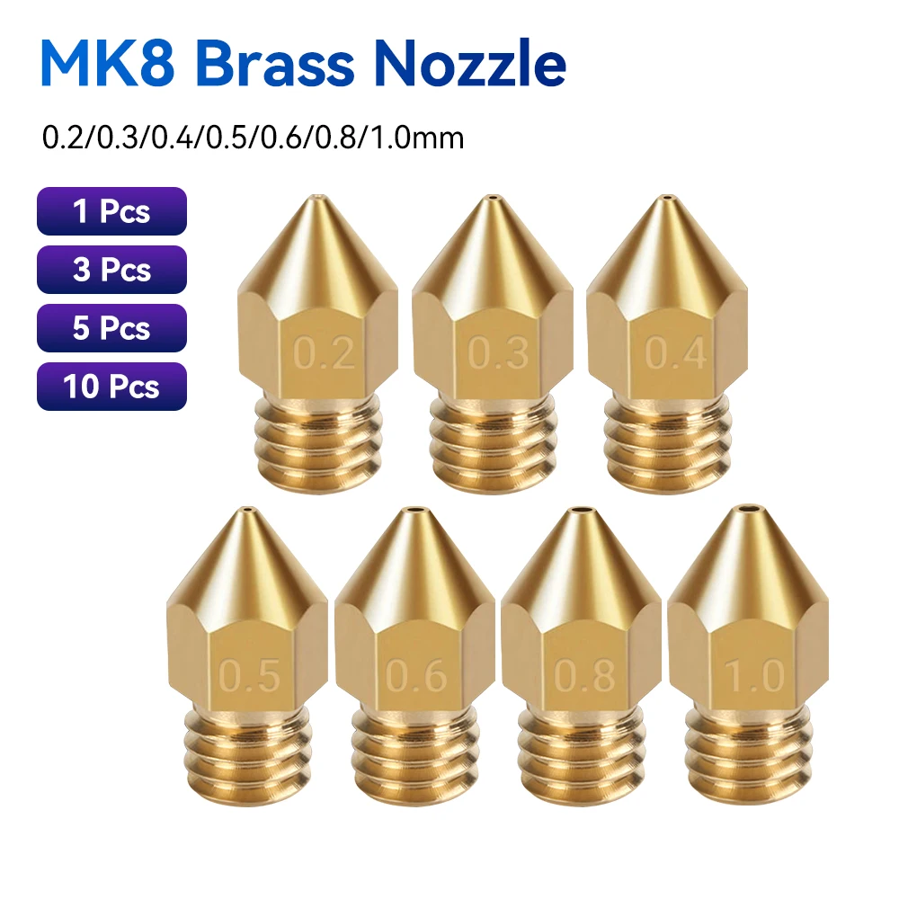 MK8 Nozzle 0.2 0.3 0.4 0.5 0.6 0.8 1.0mm Copper Nozzle Extruder Threaded 1.75mm Filament Brass Nozzle 3D Printer
