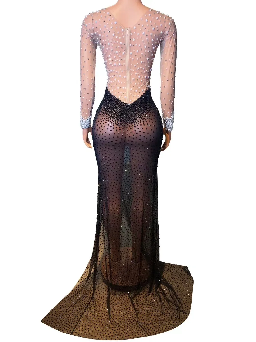 New Shiny White Pearls Black Stones MESH Costume Birthday Celebrate Long Train Dress Prom Party Stage Wear Female Singer Dresses