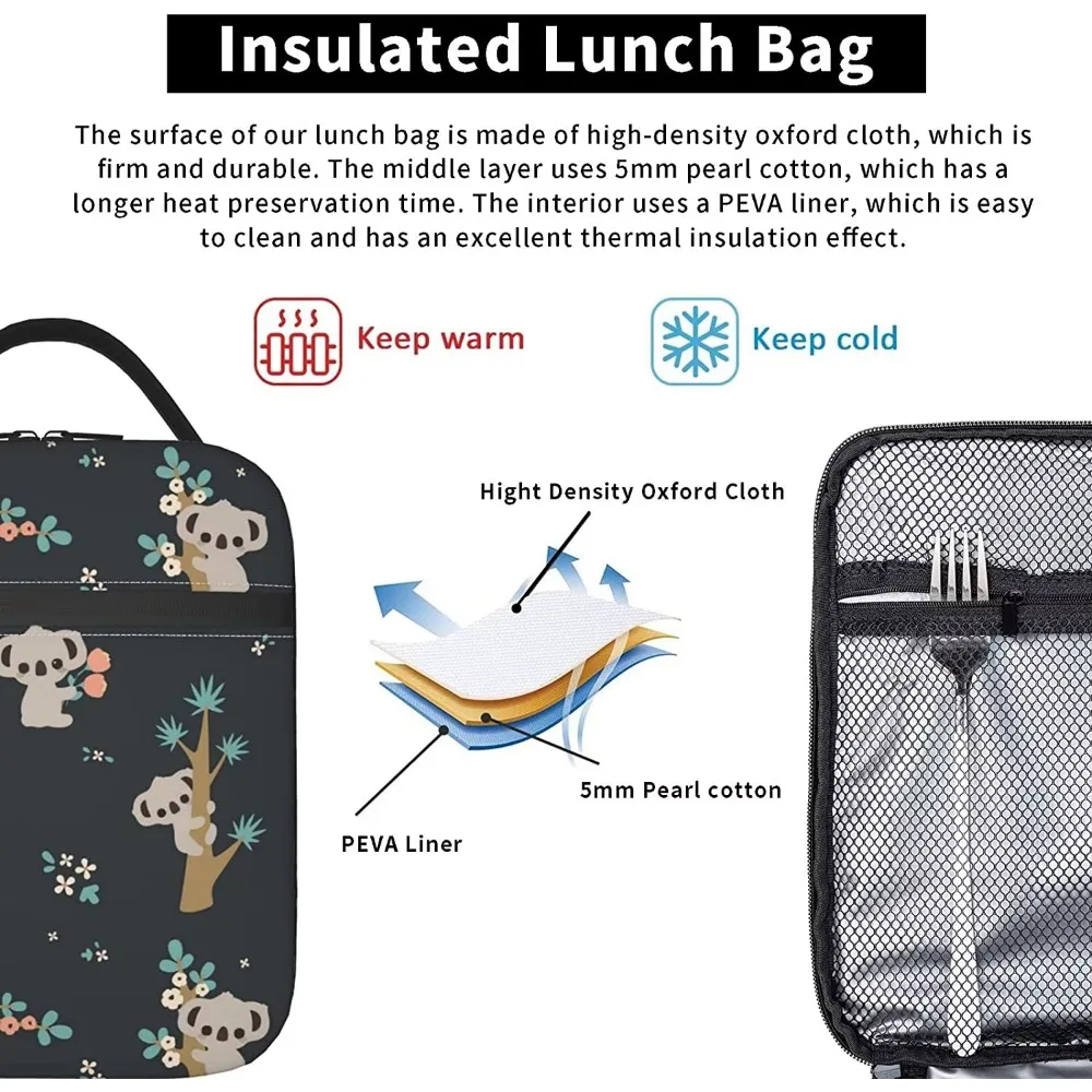 Sac à lunch isotherme Koala floral pour femmes et hommes, sac isotherme, sac fourre-tout à bento, refroidisseur thermique réutilisable, mignon, travail, école, pique-nique