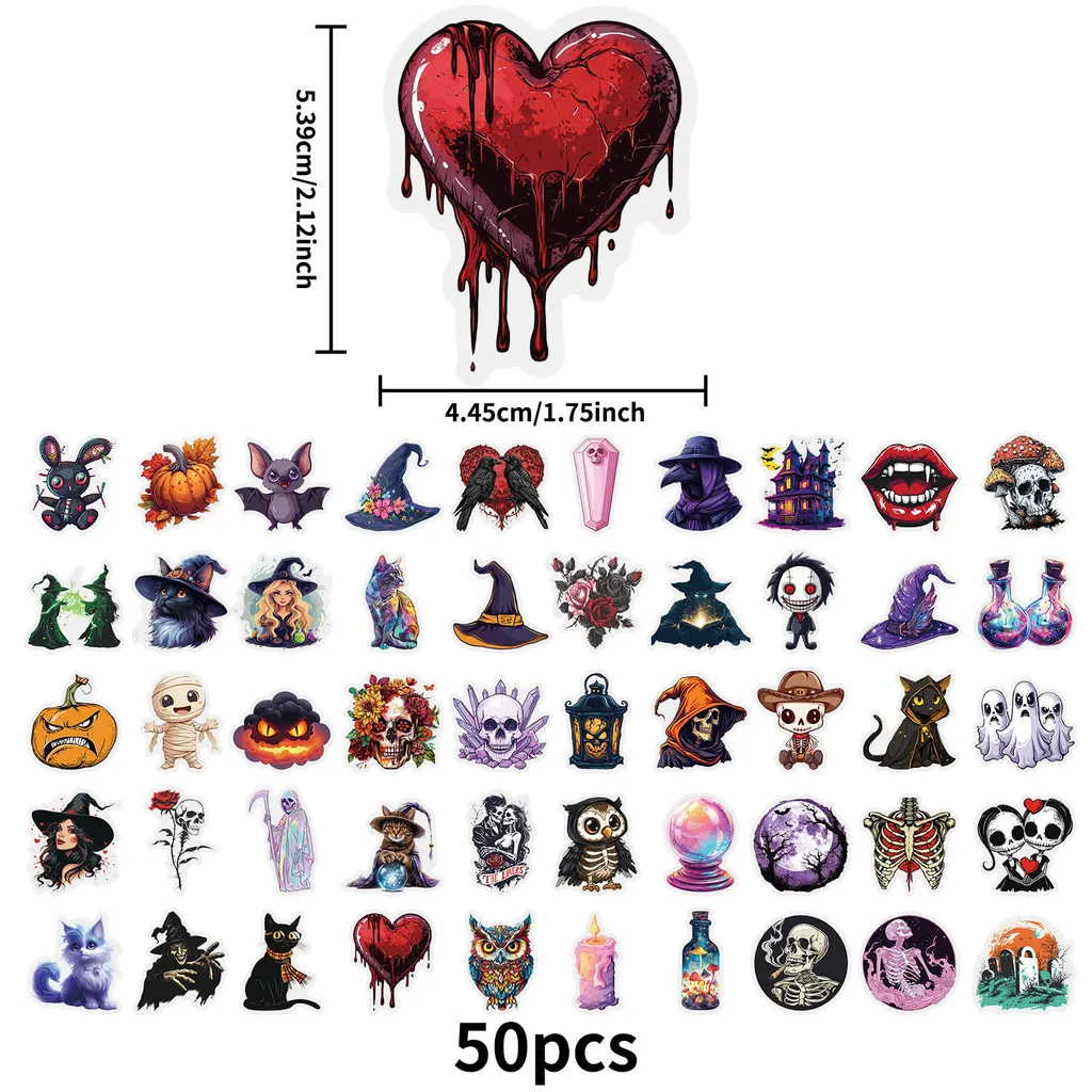 50PCS Halloween PET Horror Aesthetic Cartoon Stickers - Witch & Skull Designs for DIY Luggage & Notebooks AnimeWorlds Store