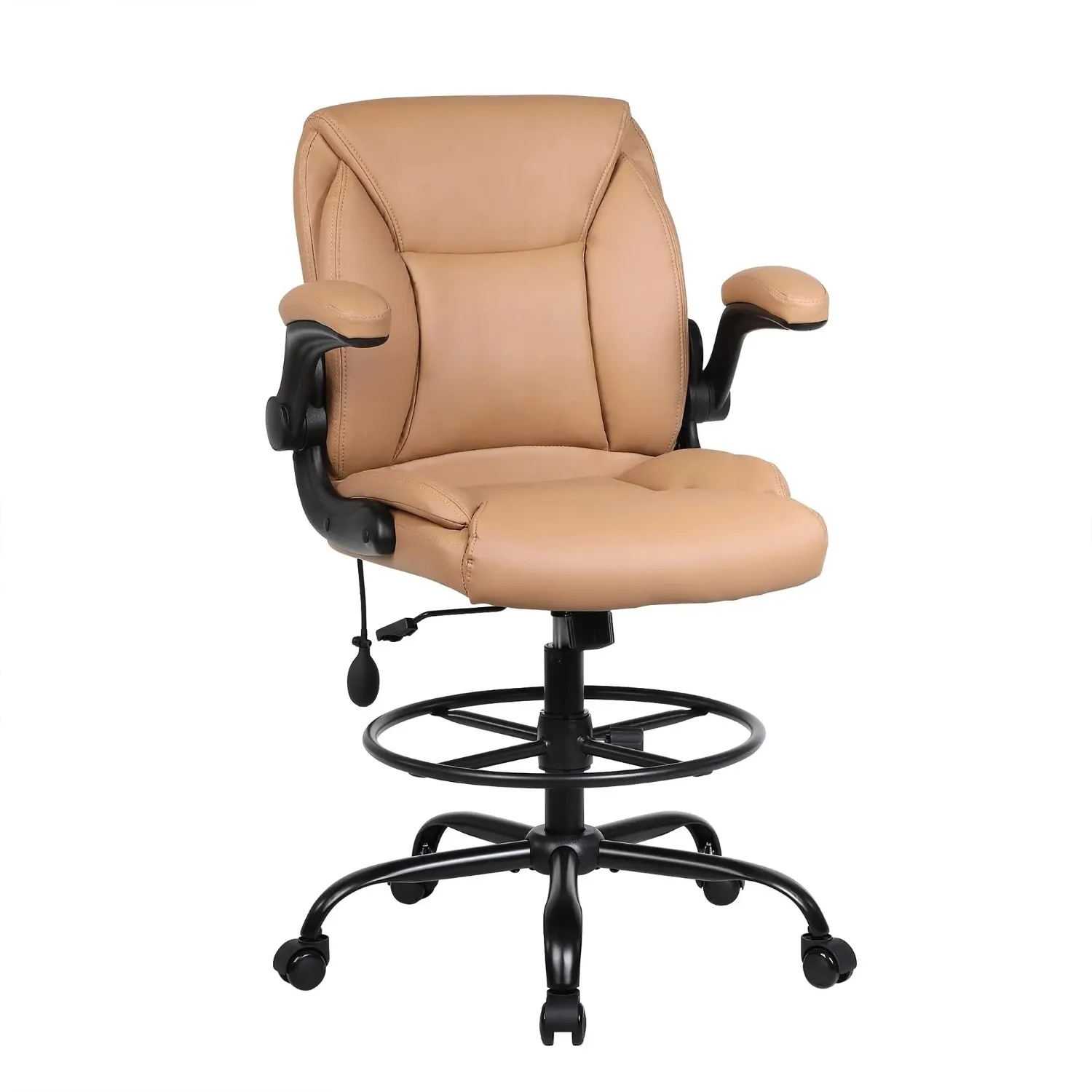 PU Leather Drafting Chair, Adjustable Lumbar Support (1, Brown) | Inflatable Lumbar Support, Flip-up Armrests, Big