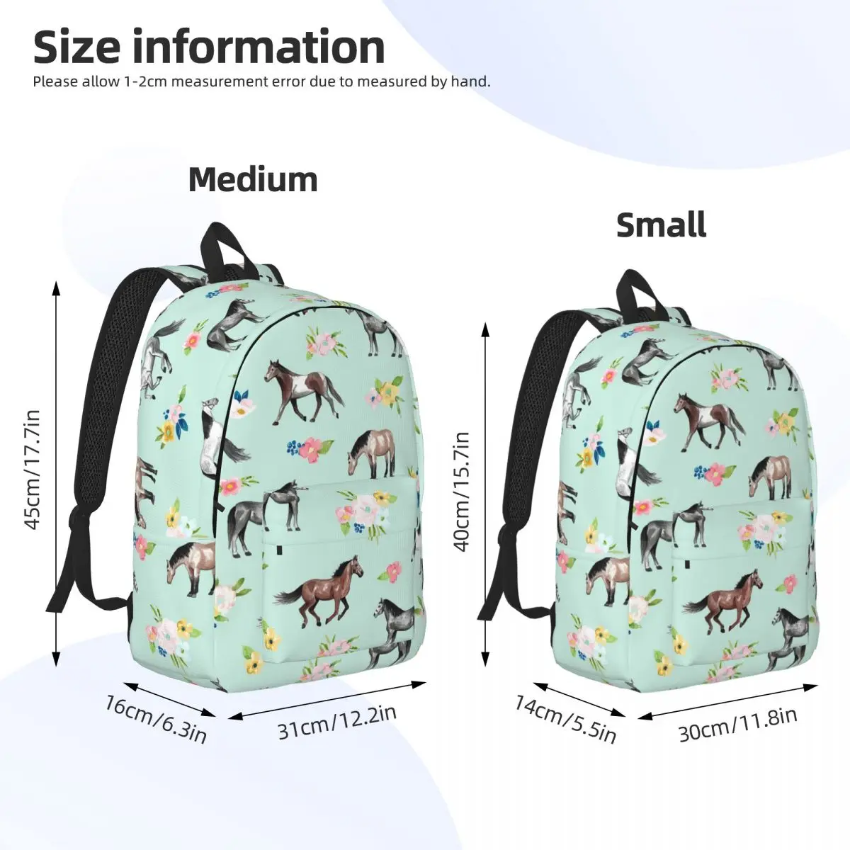 Horses And Flowers, Mint Blue, Horse Art Student Backpack School Bag Travel Daypack for Boys Girls Fashion Bookbag Shoulder Bags