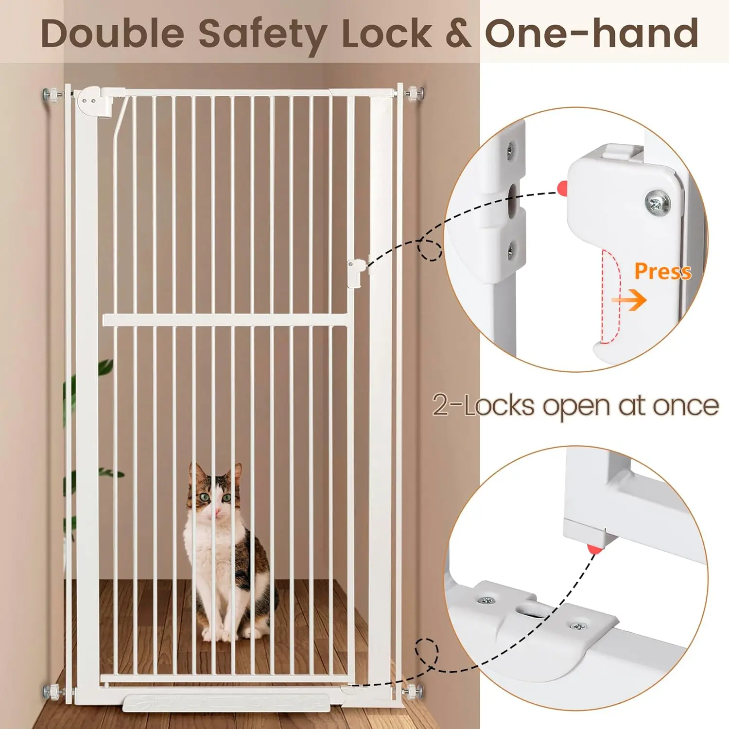 59” Extra Tall Pet Gate, Durable Metal Cat Gate With Double Safety Lock & Walk Thru Door - Self Closing/Stay Open/Open Both