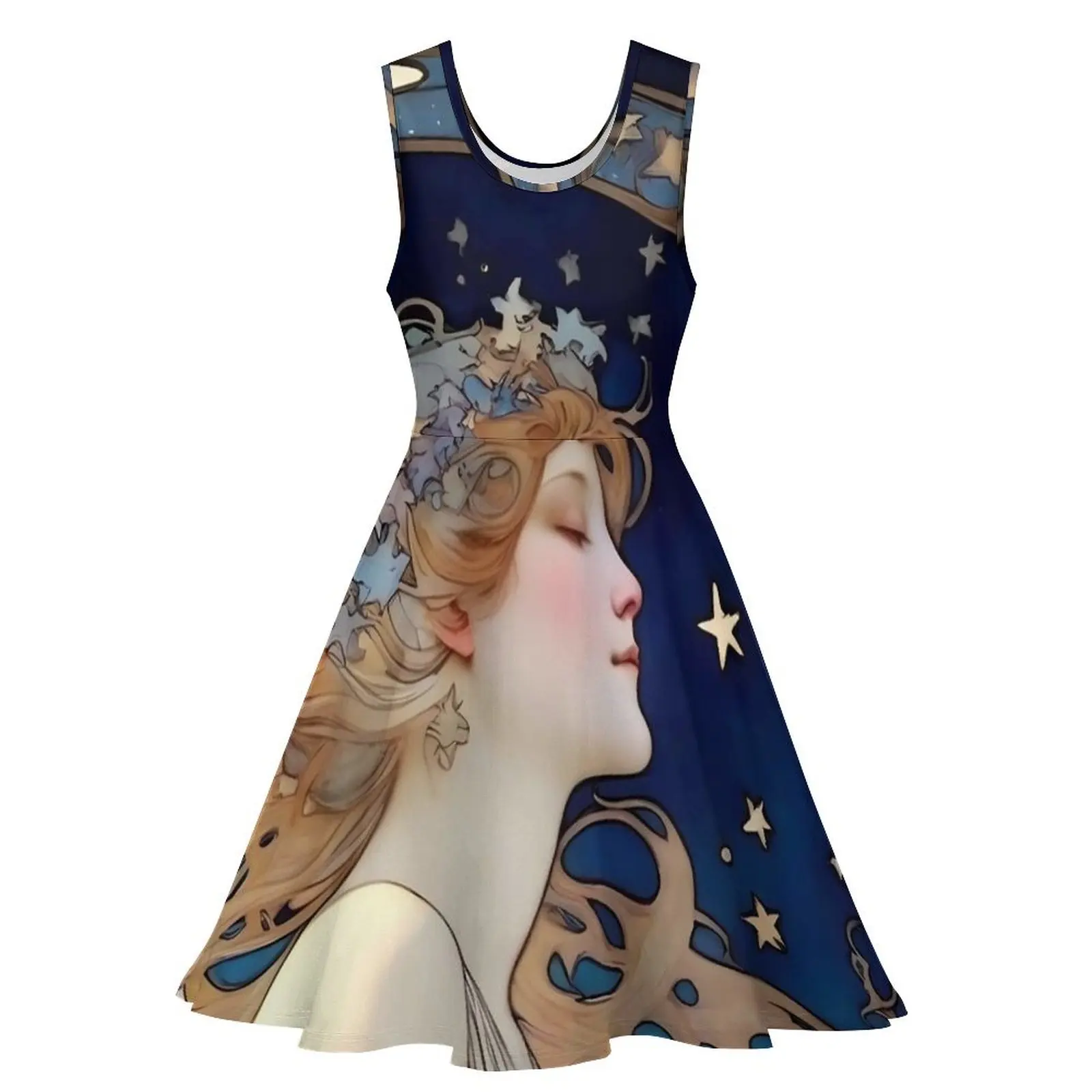 Art Nouveau Dress Alphonse Mucha Inspired Moon and Stars Boho Beach Dresses High Waist Street Skate Dress Female Design Vestido