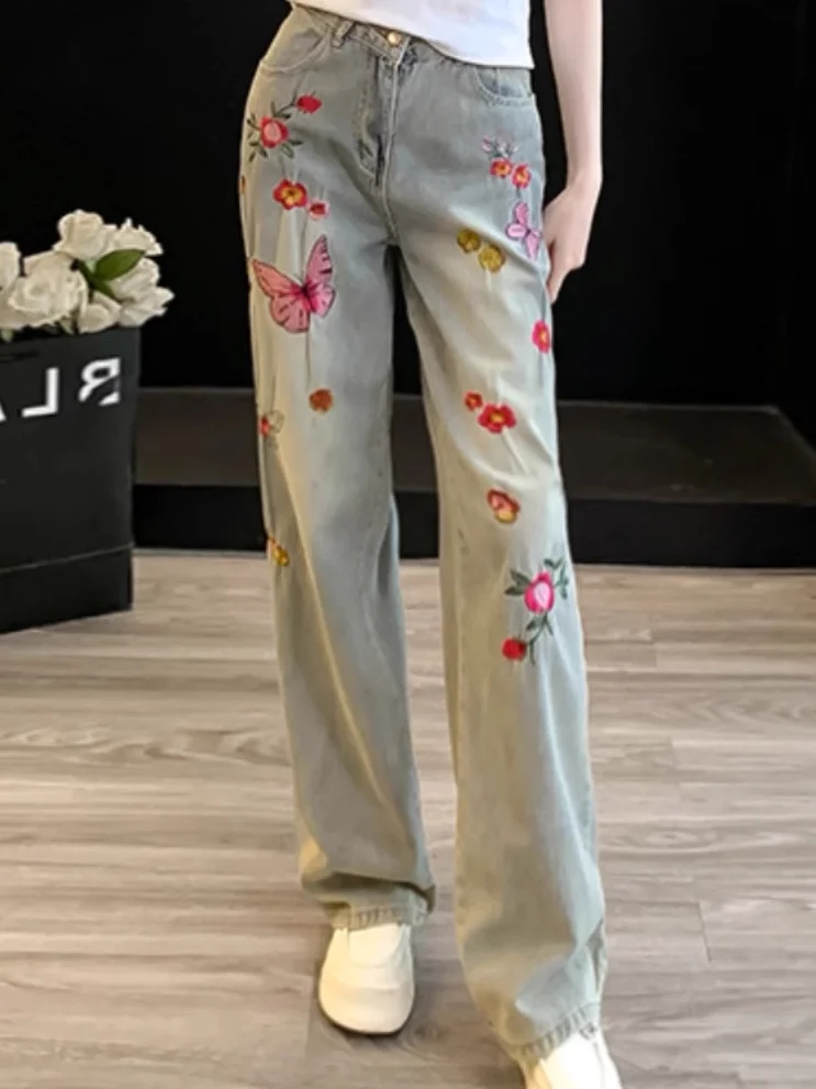 

Женские джинсы с высокой талией и цветочной вышивкой в стиле ретро, прямые, облегающие, повседневные, широкие брюки в пол, весна 2026