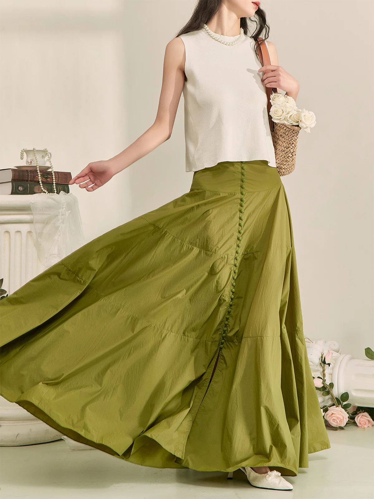 

Retro een Maxi Skirt High Waist Single Button Umbrella Skirt Ele Vaion f-length Summer Dr for Ladies