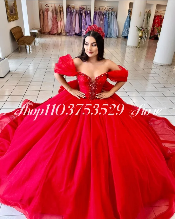 

Красные блестящие бальные платья с открытыми плечами, платья Quinceanera, 2025 г., блестки, мексиканский собор, шлейф, мексиканская королева 15, платье по индивидуальному заказу