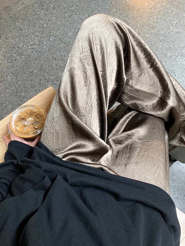 

Ladies High Waist Wide Leg Pants Slouchy Glossy Acetate Floor Length Trousers mat Sle Commute Faion Long Pants
