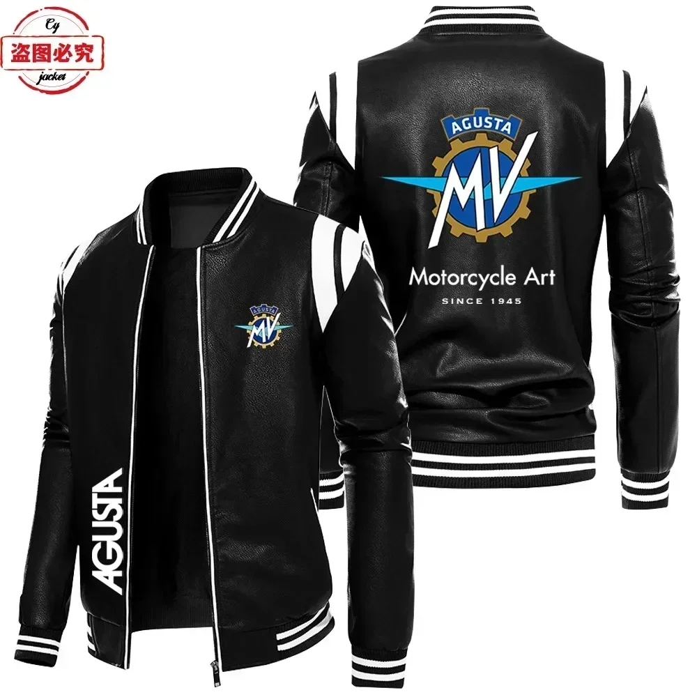 Eu size MV Agusta motorcycle logo retro washed pu contrasting color leather jacket windproof men's autumn and winter velvet