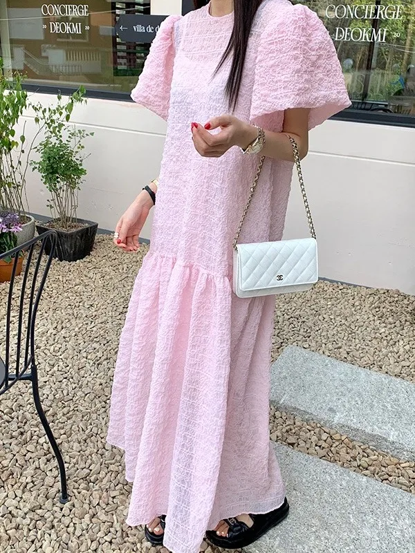 

Sweet Pleated Bubble Sleeve Dress Women's See through Loose Slimming Long Skirt Strap Vest Trendy Cotton Summer Fashion