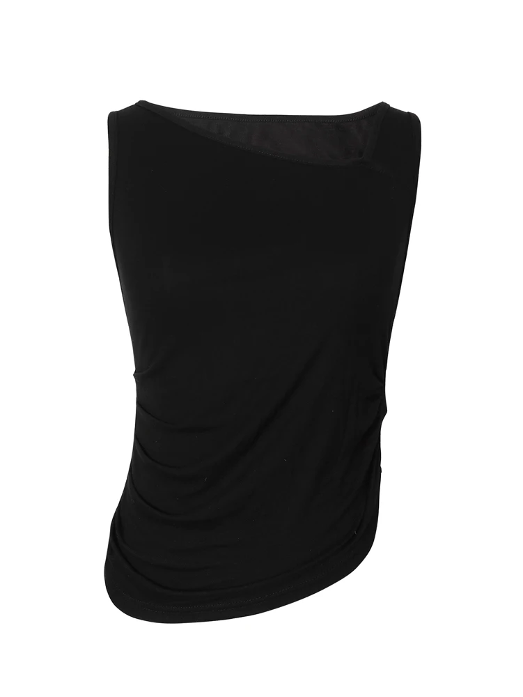 Women's Black Asymmetrical Hem Sleeveless Top with Gathered Detail Casual Wear Suitable for All Seasons