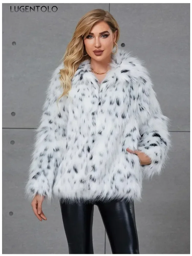 Women Faux Fur Warm Coat Leopard Point Autumn Winter New Fashion Faux Fox Fur Lady Elegant Quality Simple Cloth Lugentolo
