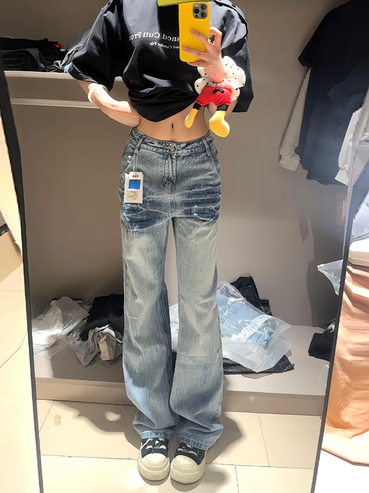 

Светло-голубые джинсы с узором молнии, женские, прямые, с высокой талией, широкие, струящиеся, повседневные, прямого кроя