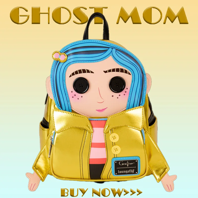 Fantasma mãe caroline amarelo capa de chuva botão olho mochila grande capacidade leve confortável estudante mochila presentes do dia das bruxas