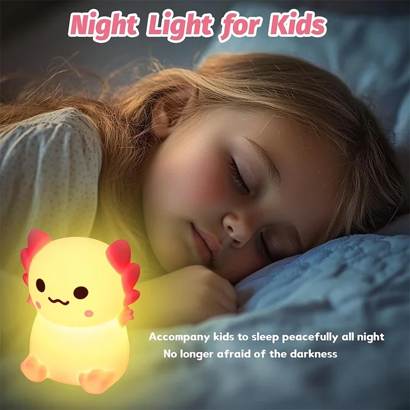 Cute Axolotl Night Light Silicone Nursery Sleeping Lamp Touch Control Nightlights USB Rechargeable Table Lamp for Baby Child