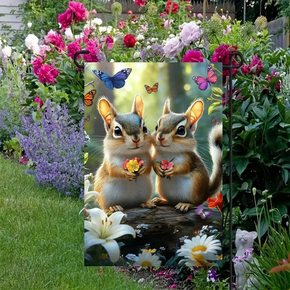 Spring Summer Chipmunks Garden Flag 12x18 Double Sided, Small Burlap Seasonal Floral Butterfly Garden Flags Spring Summer Ou AAS