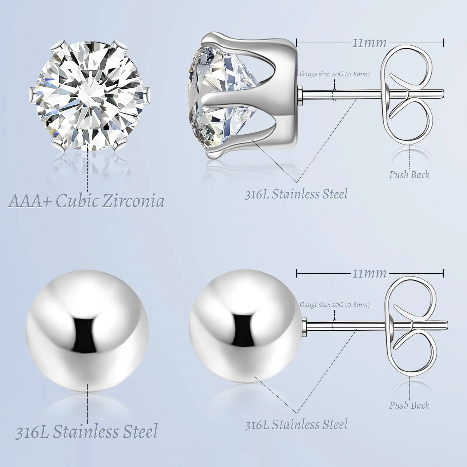 5/10 Pairs Hypoallergenic Surgical Stainless Steel Cubic Zirconia and Ball Stud Earrings Set for Women Men Ear Piercing Jewelry