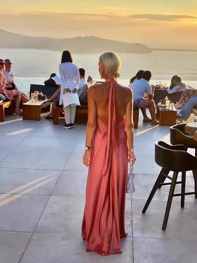 Letnia Damska Seksowna Sukienka Bez Rękawów z Dekoltem typu Halter, Ażurowa Satynowa Sukienka na Ramiączkach, Modna Sznurowana Sukienka z Dużym Rozkloszowanym Dołem i Odkrytymi Plecami