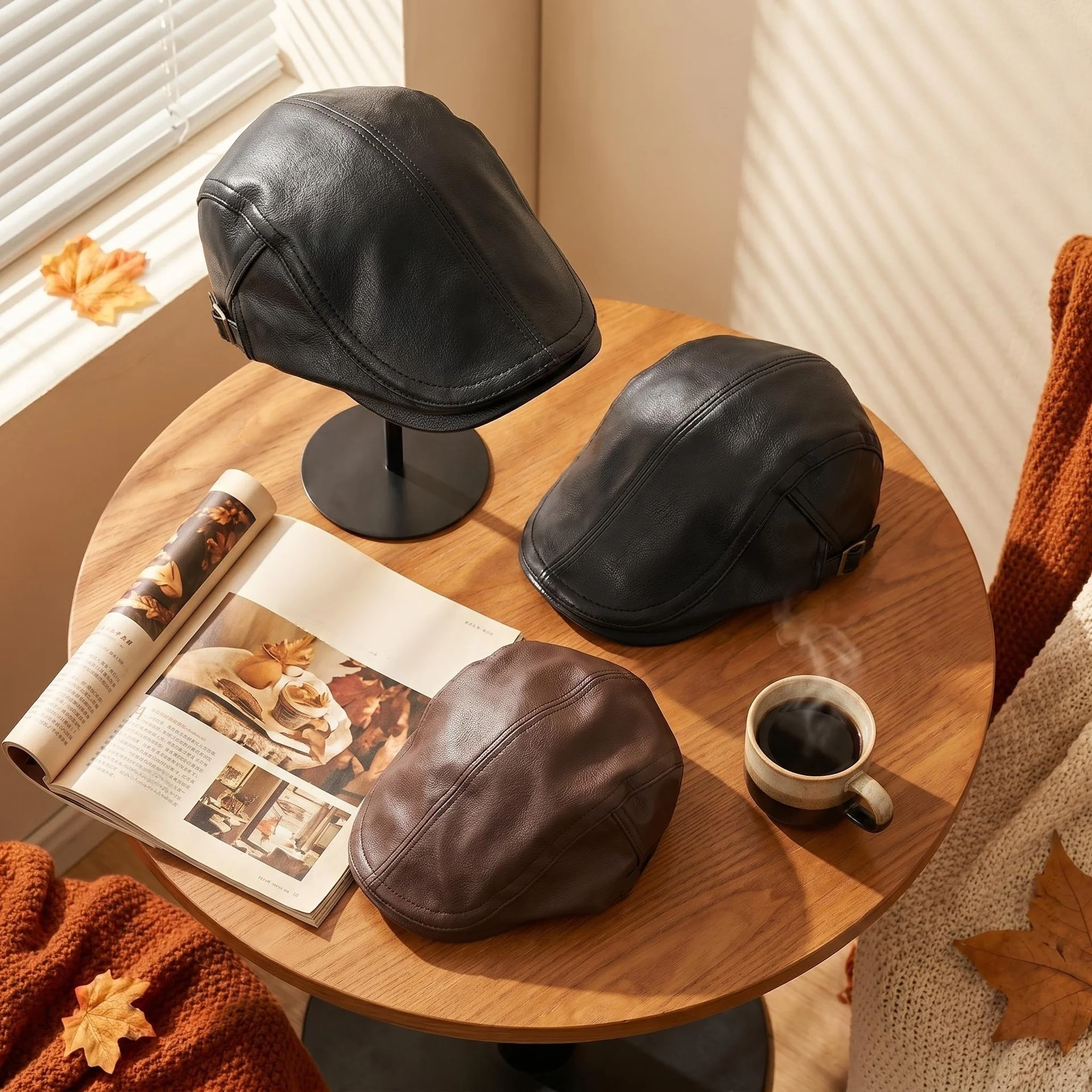 British Retro Progressive Hat Artistic Duck Tongue Beret Leather Fashion Painter Hat Autumn and Winter All-match Hat Men's