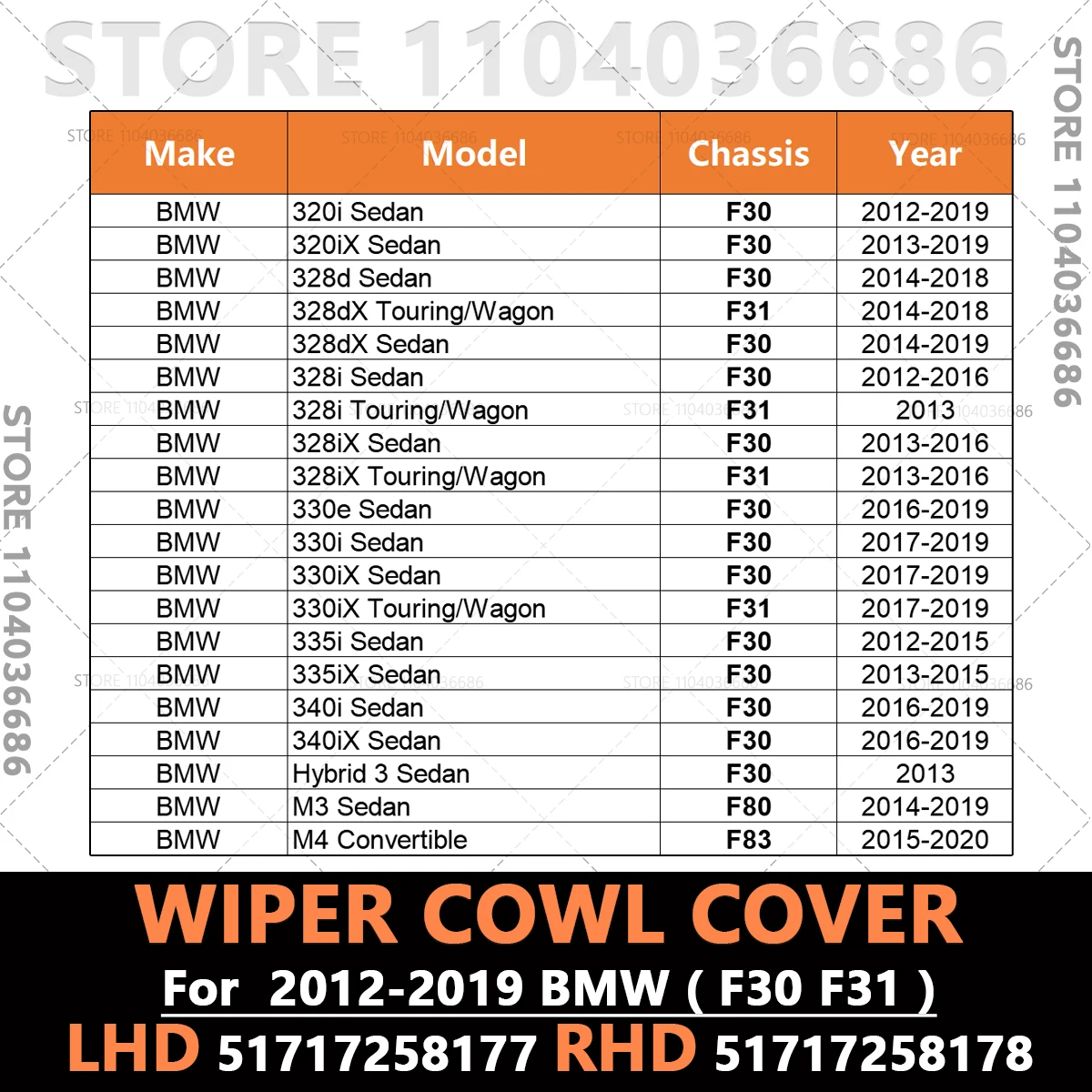 Für 2012-2019 F30 F31 BMW 320i 328i 330i 335i 340i 328d 330e M3 M4 Scheibenwischer Gugel Abdeckung LHD 51717258177 RHD 51717258178 – Detail 3