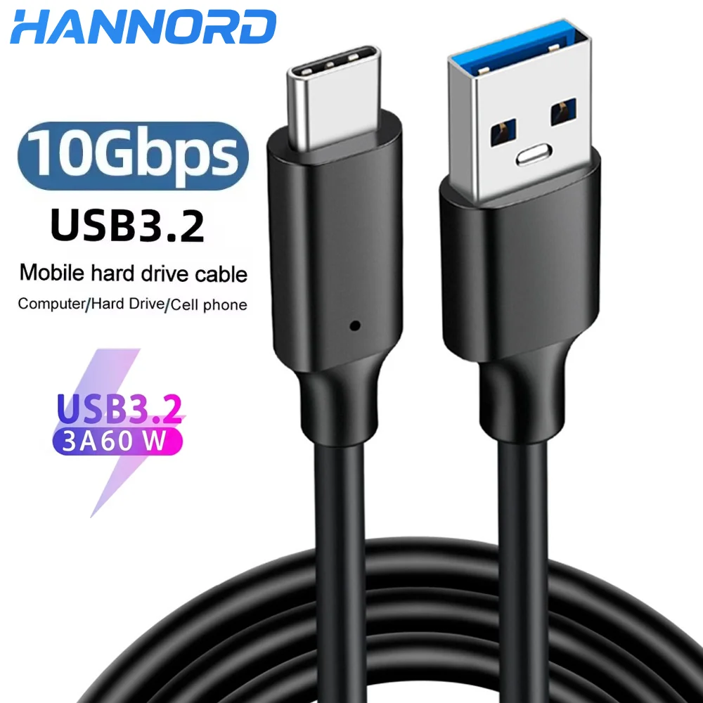 Hannord USB 3.2 Gen2 10Gbps Type C Cable Data Transfer USB A to USB-C SSD Hard Disk Cable 3A 60W QC 3.0 Fast Charging for Laptop