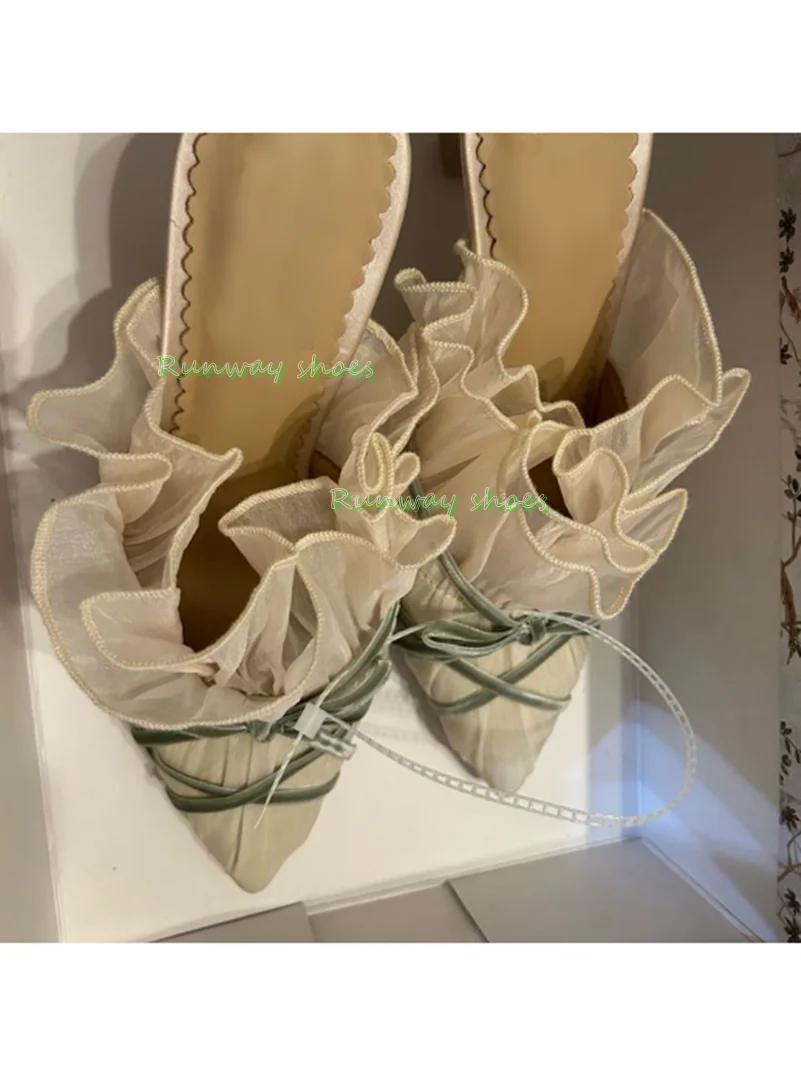 Pointed Ruffles Chiffon Mesh  Luxury Women's Shoes Velvet Bow Cross Straps Low Heels Bride Shoe Wedding Dress Party Sandals