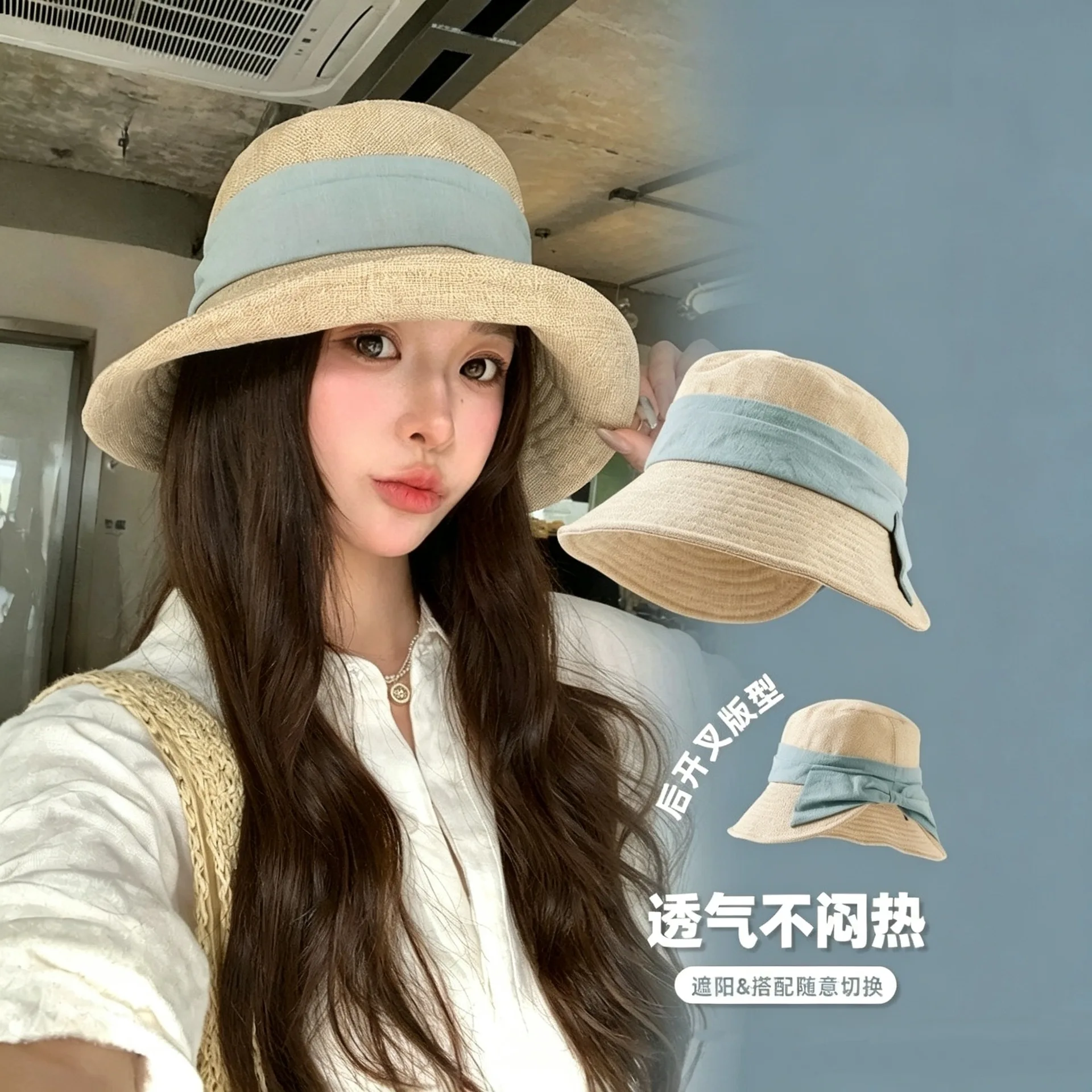 新しい軽量リネン風バケットハット女性夏用ワイドブリム日焼け止め通気性バックスリットリバーシブルブリム多用途