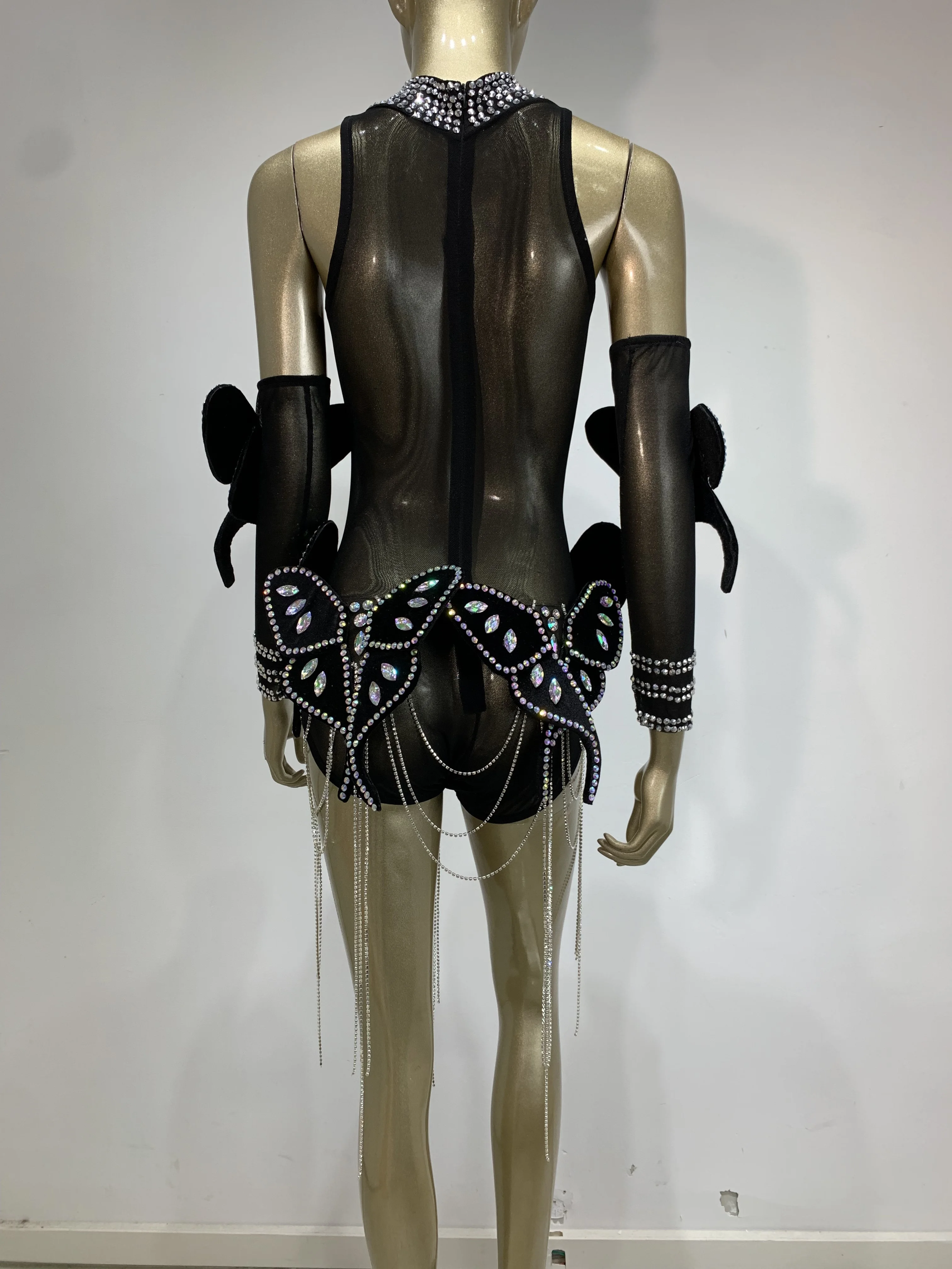 Body extensible avec chaîne papillon et strass scintillants pour femmes, avec manches, maille transparente, Costume de scène pour chanteur DJ en boîte de nuit