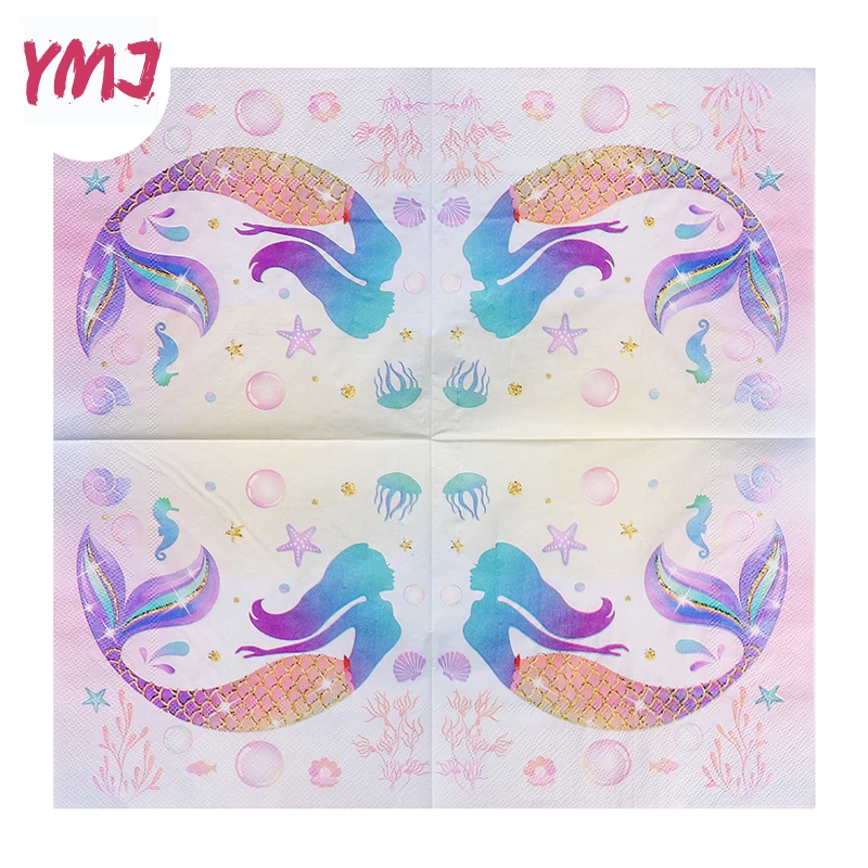 Cartoon mermaid printed napkins disposable western restaurant coffee shop wedding party pure wood paddle dinner paper 2Ply 20pcs