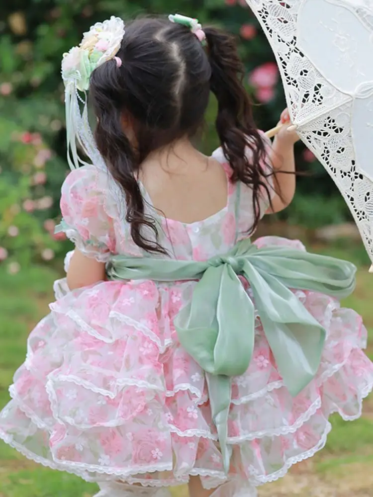 Summer Girls Birthday Tulle Backless Lolita Wedding Ball Gown Party Dress Princess Pink Floral Baby Children Lace Cake Skirts