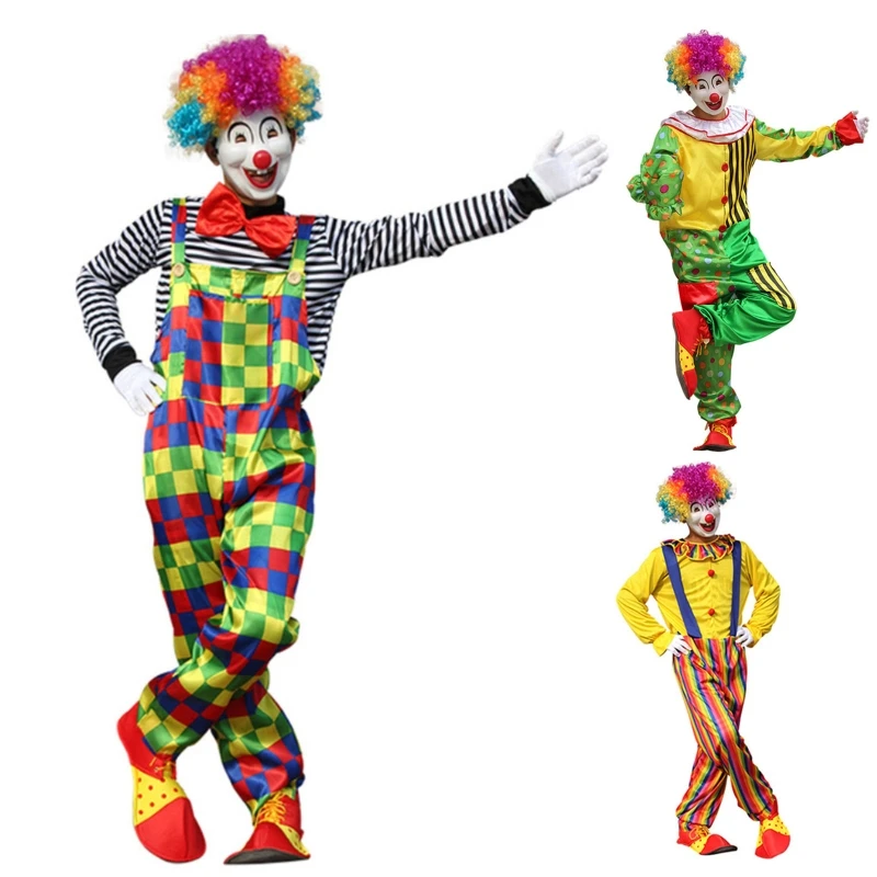 Q0KE Halloween Volwassen Grappige Circus Clown Kostuum Ondeugende Harlekijn Uniform Drama Rekwisieten