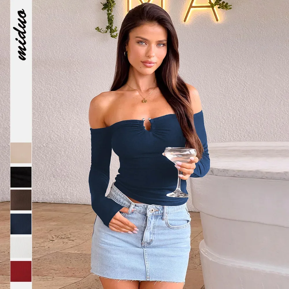 

Off-shoulder Long Sleeve Solid Color Sexy T-shirt Women Fashion Strapless Backless Slim Tees Tops Ladies Ruched Sexy T-shirts