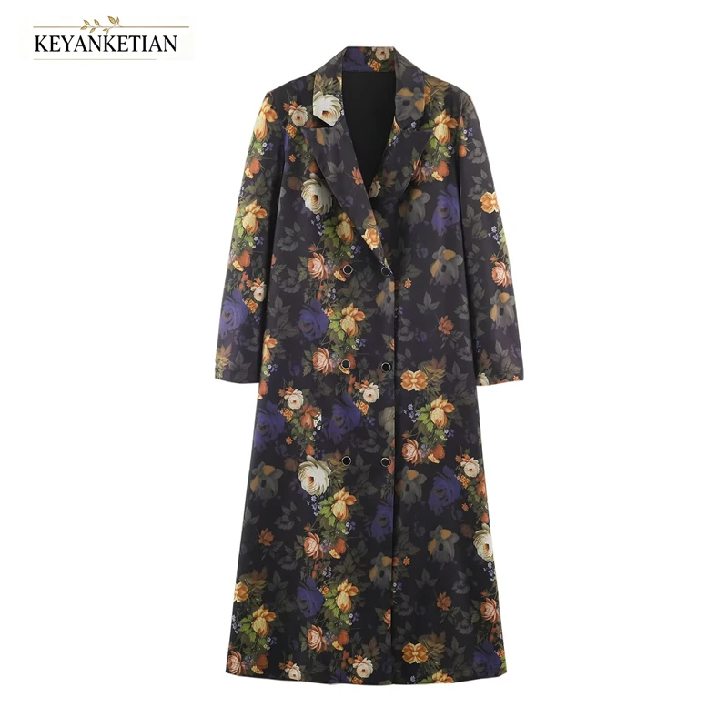 KEYANKETIAN 2026 Retro Floral Print Long Coat Notched Lapel Double Breasted Loose Fit Women Elegant Full‑Length Trench Outerwear