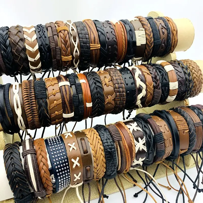 10/20/30/50/100PCs Leather Cuff Bracelets Handmade Retro Bangle Wristbands Black/Brown Fashion Jewelry Party Gift Wholesale Lot